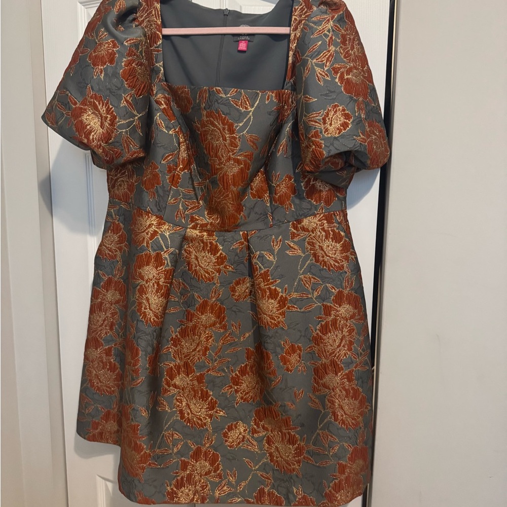 Floral Brocade Dress in Gray and Orange